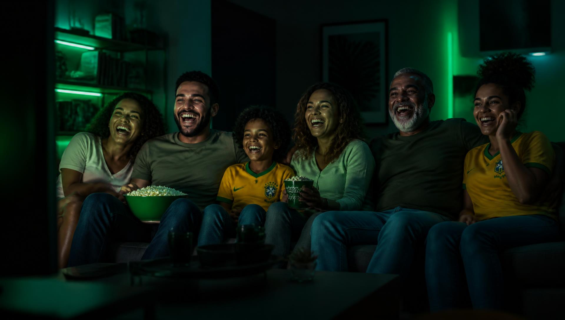 Família assistindo streaming em casa com iluminação verde